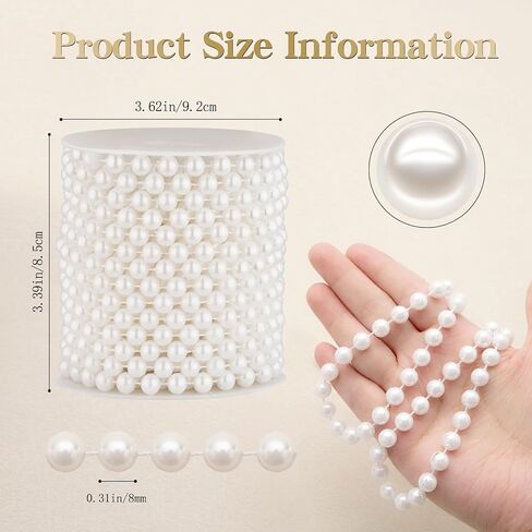 8mm Pearl Garland, 33 Feet Faux Pearl Garland Spool Roll for Wedding Centerpiece Backdrop Christmas Tree and Flowers Decoration DIY Craft (White) in Kuwait
