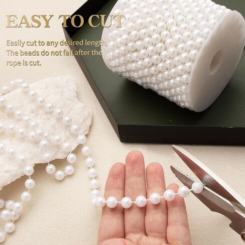 8mm Pearl Garland, 33 Feet Faux Pearl Garland Spool Roll for Wedding Centerpiece Backdrop Christmas Tree and Flowers Decoration DIY Craft (White) in Kuwait
