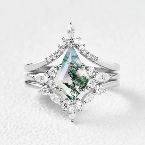 Natural Moss Agate Ring 925 Silver Moss Agate Engagement Ring Set Promise Wedding Ring Rhombus Green Moss Stone Aqua Agate 3 Piece Couple's Ring Emerald Ring Rose Gold Ring Gift for Women（6Silver） in Saudi Arabia