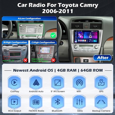 8 Core 4+64GB Wireless Apple Carplay لراديو Toyota Camry Android 2006-2011، Hikity 9 بوصة شاشة لمس Camry Stereo، 32EQ DSP، Bluetooth 5.0، Android Auto، GPS، WiFi، SWC، Mic، كاميرا احتياطية in Kuwait