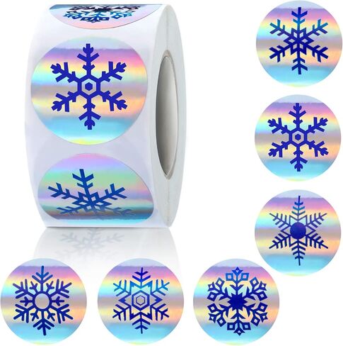 600 Pieces Snowflake Stickers Christmas Adhesive Holographic Stickers Laser Roll Round Tags for Envelope Seals Decals Decoration, 6 Styles in Saudi Arabia