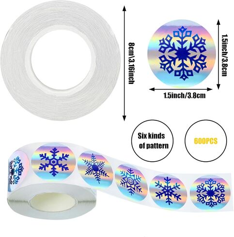 600 Pieces Snowflake Stickers Christmas Adhesive Holographic Stickers Laser Roll Round Tags for Envelope Seals Decals Decoration, 6 Styles in Saudi Arabia