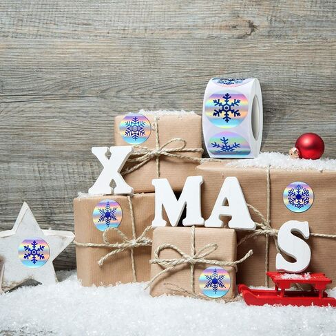 600 Pieces Snowflake Stickers Christmas Adhesive Holographic Stickers Laser Roll Round Tags for Envelope Seals Decals Decoration, 6 Styles in Saudi Arabia