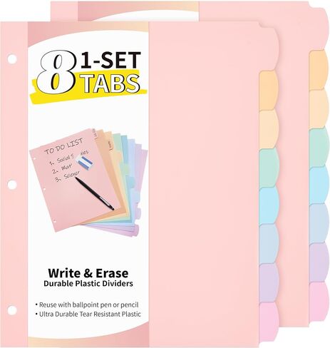 JARLINK 8 Tabs Dividers for 3 Ring Binder, Durable Plastic Write & Erase Binder Dividers for Letter Size, Cute Binder Dividers for Student, Teacher, Office, Home Organizers, Pastel Color (1 Set) in Saudi Arabia