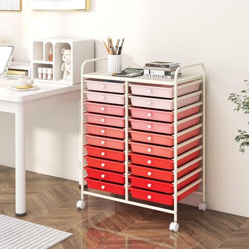 Happygrill 20-Drawer Organizer Cart Tools, Mobile Utility Storage Cart with Removable Drawers & Lockable Wheels, Rolling Storage Cart with wheels for Home Office School(Gradient Pink) in Saudi Arabia