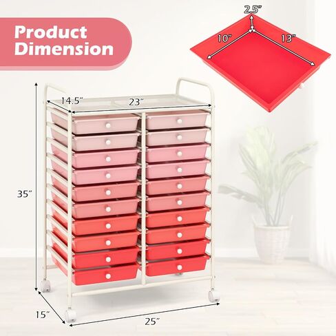 Happygrill 20-Drawer Organizer Cart Tools, Mobile Utility Storage Cart with Removable Drawers & Lockable Wheels, Rolling Storage Cart with wheels for Home Office School(Gradient Pink) in Saudi Arabia