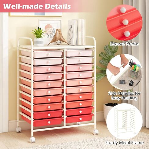Happygrill 20-Drawer Organizer Cart Tools, Mobile Utility Storage Cart with Removable Drawers & Lockable Wheels, Rolling Storage Cart with wheels for Home Office School(Gradient Pink) in Saudi Arabia