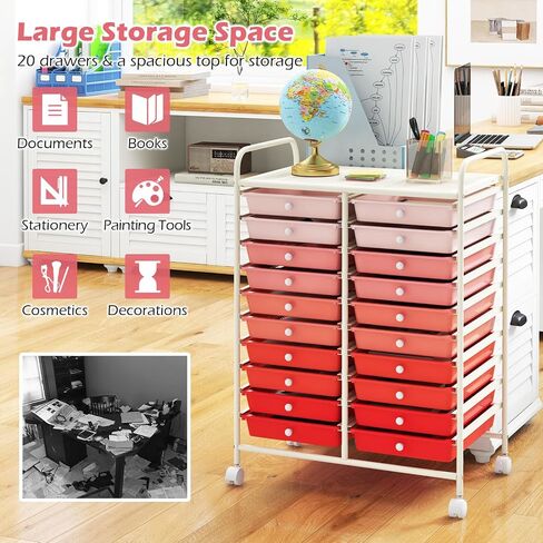 Happygrill 20-Drawer Organizer Cart Tools, Mobile Utility Storage Cart with Removable Drawers & Lockable Wheels, Rolling Storage Cart with wheels for Home Office School(Gradient Pink) in Saudi Arabia