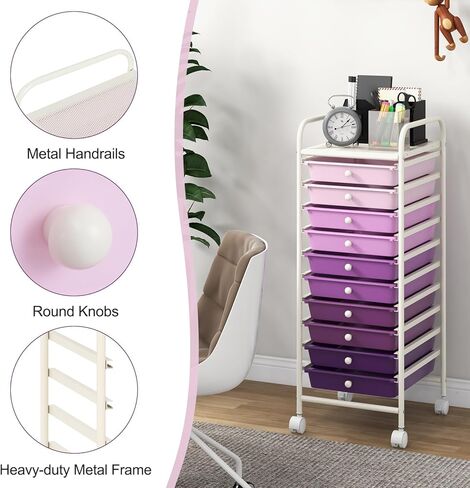 MEDIMALL 10 Drawers Rolling Storage Cart, Multipurpose Craft Storage Cart with Wheels, Mobile Tools Scrapbook Paper Organizer Cart for Office School Home Use in Kuwait