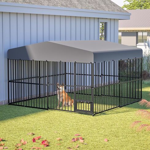 Outdoor Dog Kennel 9.7x9.7 ft with Roof, Heavy-Duty Metal Frame & Tube Design, Spacious Dog Run with Sun & Rain Cover, Secure Outdoor Pet Enclosure for Large Dogs, Backyard, Garden in Saudi Arabia