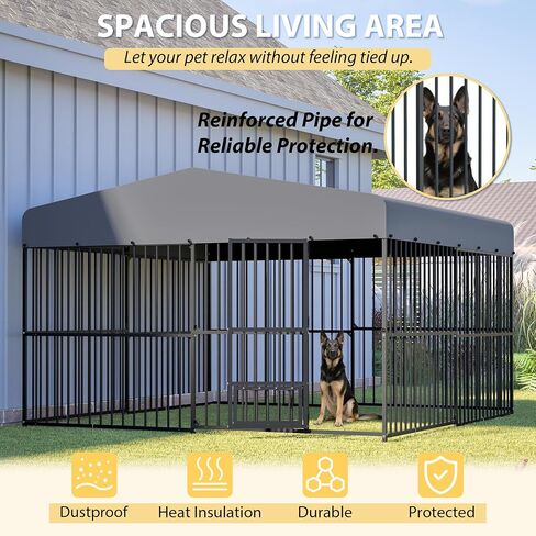 Outdoor Dog Kennel 9.7x9.7 ft with Roof, Heavy-Duty Metal Frame & Tube Design, Spacious Dog Run with Sun & Rain Cover, Secure Outdoor Pet Enclosure for Large Dogs, Backyard, Garden in Saudi Arabia
