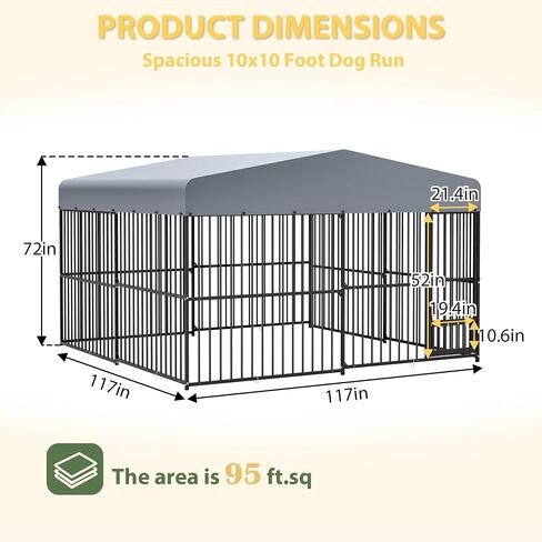 Outdoor Dog Kennel 9.7x9.7 ft with Roof, Heavy-Duty Metal Frame & Tube Design, Spacious Dog Run with Sun & Rain Cover, Secure Outdoor Pet Enclosure for Large Dogs, Backyard, Garden in Saudi Arabia