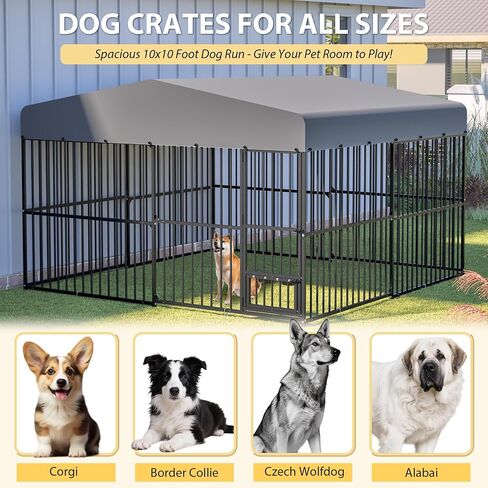 Outdoor Dog Kennel 9.7x9.7 ft with Roof, Heavy-Duty Metal Frame & Tube Design, Spacious Dog Run with Sun & Rain Cover, Secure Outdoor Pet Enclosure for Large Dogs, Backyard, Garden in Saudi Arabia
