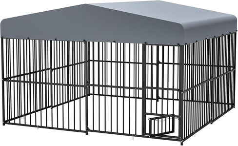 Outdoor Dog Kennel 9.7x9.7 ft with Roof, Heavy-Duty Metal Frame & Tube Design, Spacious Dog Run with Sun & Rain Cover, Secure Outdoor Pet Enclosure for Large Dogs, Backyard, Garden in Saudi Arabia