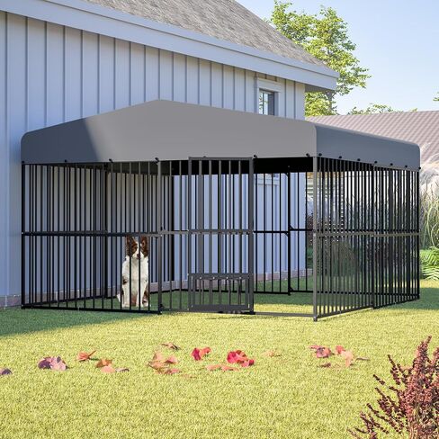 Outdoor Dog Kennel 9.7x9.7 ft with Roof, Heavy-Duty Metal Frame & Tube Design, Spacious Dog Run with Sun & Rain Cover, Secure Outdoor Pet Enclosure for Large Dogs, Backyard, Garden in Saudi Arabia