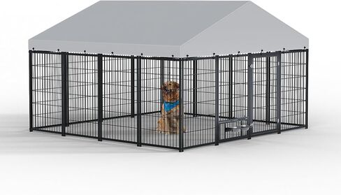 Outdoor Dog Kennel 9.7x9.7 ft with Roof, Heavy-Duty Metal Frame & Tube Design, Spacious Dog Run with Sun & Rain Cover, Secure Outdoor Pet Enclosure for Large Dogs, Backyard, Garden in Saudi Arabia