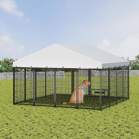 Outdoor Dog Kennel 9.7x9.7 ft with Roof, Heavy-Duty Metal Frame & Tube Design, Spacious Dog Run with Sun & Rain Cover, Secure Outdoor Pet Enclosure for Large Dogs, Backyard, Garden in Saudi Arabia