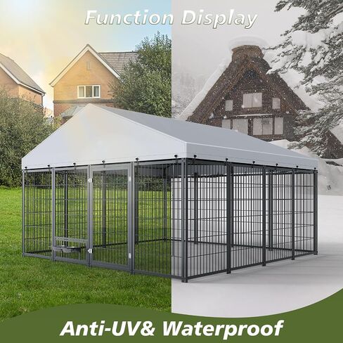 Outdoor Dog Kennel 9.7x9.7 ft with Roof, Heavy-Duty Metal Frame & Tube Design, Spacious Dog Run with Sun & Rain Cover, Secure Outdoor Pet Enclosure for Large Dogs, Backyard, Garden in Saudi Arabia
