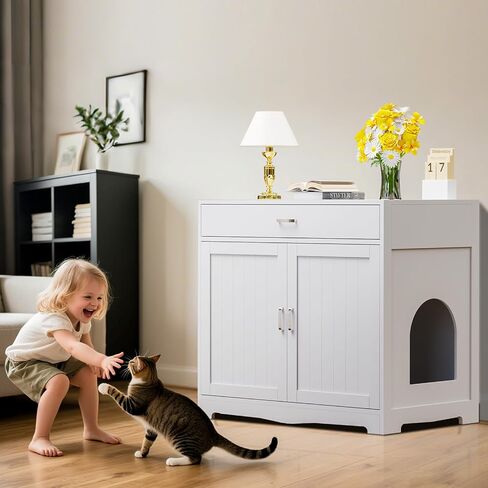 Cat Litter Box Enclosure, Hidden Litter Box Furniture with Built-in Power Outlet, Indoor Cat House, Cat Washroom Furniture, End Side Table for Hallway & Bedroom in Saudi Arabia