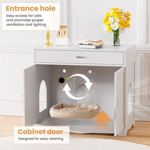 Cat Litter Box Enclosure, Hidden Litter Box Furniture with Built-in Power Outlet, Indoor Cat House, Cat Washroom Furniture, End Side Table for Hallway & Bedroom in Saudi Arabia