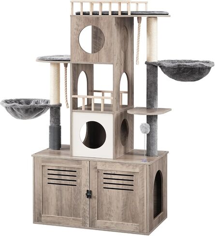 Tree Hoobro Cat Tree مع حاوية صندوق القمامة ، 31.5 "L x 17.7" W × 57 "H ، برج القطط مع صندوق القمامة المخفي ، أثاث القطط للقطط الداخلية ، شقة القط ، وظائف الخدش ، أرجوحة ، Greige BG33MZ03 in Saudi Arabia