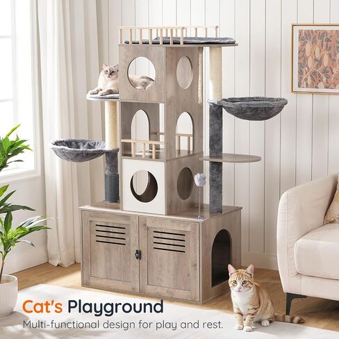 Tree Hoobro Cat Tree مع حاوية صندوق القمامة ، 31.5 "L x 17.7" W × 57 "H ، برج القطط مع صندوق القمامة المخفي ، أثاث القطط للقطط الداخلية ، شقة القط ، وظائف الخدش ، أرجوحة ، Greige BG33MZ03 in Saudi Arabia