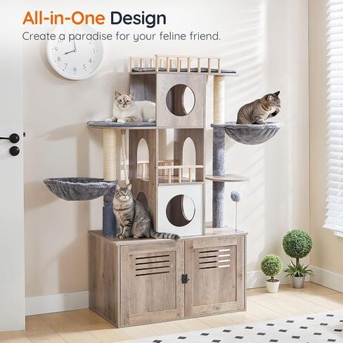 Tree Hoobro Cat Tree مع حاوية صندوق القمامة ، 31.5 "L x 17.7" W × 57 "H ، برج القطط مع صندوق القمامة المخفي ، أثاث القطط للقطط الداخلية ، شقة القط ، وظائف الخدش ، أرجوحة ، Greige BG33MZ03 in Saudi Arabia