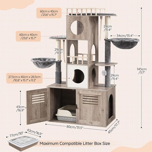 Tree Hoobro Cat Tree مع حاوية صندوق القمامة ، 31.5 "L x 17.7" W × 57 "H ، برج القطط مع صندوق القمامة المخفي ، أثاث القطط للقطط الداخلية ، شقة القط ، وظائف الخدش ، أرجوحة ، Greige BG33MZ03 in Saudi Arabia