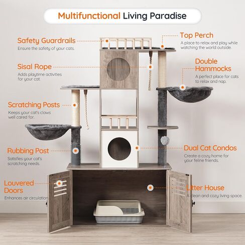 Tree Hoobro Cat Tree مع حاوية صندوق القمامة ، 31.5 "L x 17.7" W × 57 "H ، برج القطط مع صندوق القمامة المخفي ، أثاث القطط للقطط الداخلية ، شقة القط ، وظائف الخدش ، أرجوحة ، Greige BG33MZ03 in Saudi Arabia