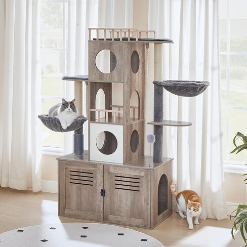 Tree Hoobro Cat Tree مع حاوية صندوق القمامة ، 31.5 "L x 17.7" W × 57 "H ، برج القطط مع صندوق القمامة المخفي ، أثاث القطط للقطط الداخلية ، شقة القط ، وظائف الخدش ، أرجوحة ، Greige BG33MZ03 in Saudi Arabia
