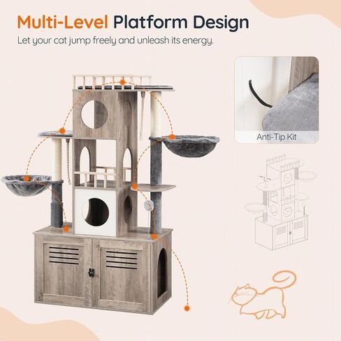 Tree Hoobro Cat Tree مع حاوية صندوق القمامة ، 31.5 "L x 17.7" W × 57 "H ، برج القطط مع صندوق القمامة المخفي ، أثاث القطط للقطط الداخلية ، شقة القط ، وظائف الخدش ، أرجوحة ، Greige BG33MZ03 in Saudi Arabia
