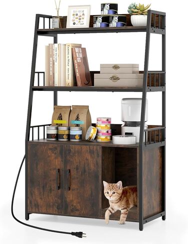 PETSITE Cat Litter Box Enclosure with Storage Shelves, 52 Inches Tall Hidden Litter Box with Charging Station, Scratching Board, and Winding Entry (Rustic Brown) in Kuwait