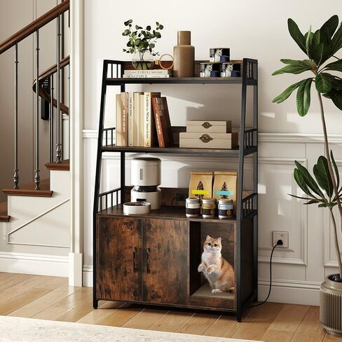 PETSITE Cat Litter Box Enclosure with Storage Shelves, 52 Inches Tall Hidden Litter Box with Charging Station, Scratching Board, and Winding Entry (Rustic Brown) in Kuwait