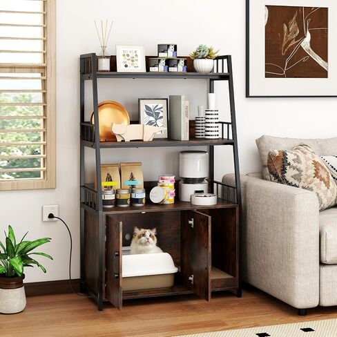 PETSITE Cat Litter Box Enclosure with Storage Shelves, 52 Inches Tall Hidden Litter Box with Charging Station, Scratching Board, and Winding Entry (Rustic Brown) in Kuwait