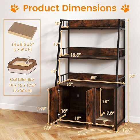 PETSITE Cat Litter Box Enclosure with Storage Shelves, 52 Inches Tall Hidden Litter Box with Charging Station, Scratching Board, and Winding Entry (Rustic Brown) in Kuwait