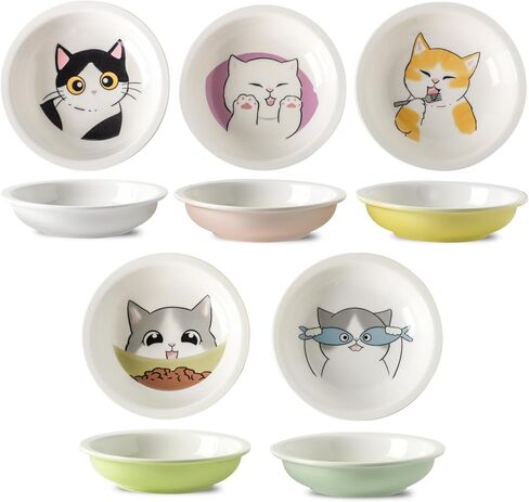 Ceramic Cat Bowls Set - 5.5 inch Wide Cat Food Bowl Whisker Fatigue Friendly, 5 Colorful Kitten Dish Plates with Cute Pattern for Wet and Dry Food Water and Small Pet in Kuwait