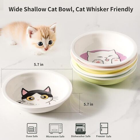 Ceramic Cat Bowls Set - 5.5 inch Wide Cat Food Bowl Whisker Fatigue Friendly, 5 Colorful Kitten Dish Plates with Cute Pattern for Wet and Dry Food Water and Small Pet in Kuwait