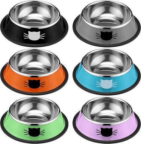 Amylove 6 Pcs Cat Bowls for Food and Water Cat Dishes Stainless Steel Pet Food Bowls 7 oz Anti Slip Metal Pet Dish with Removable Rubber Base Thick for Feeding Indoor Kitten Small Dog (Rainbow Color) in Kuwait