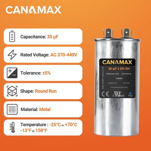 Canamax Premium 35 MFD uf ± 5% MFD 370 V VAC أو 440 فولت محرك متعدد الأغراض يعمل بمكثف دائري - متوافق مع مكيف الهواء أو مكثف المضخة الحرارية in Kuwait