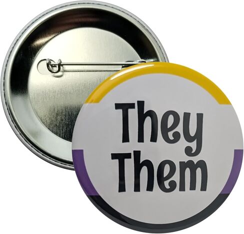 They Them pronoun pinback button with nonbinary flag border - large single 2.25 inch pin - high visibility in Saudi Arabia