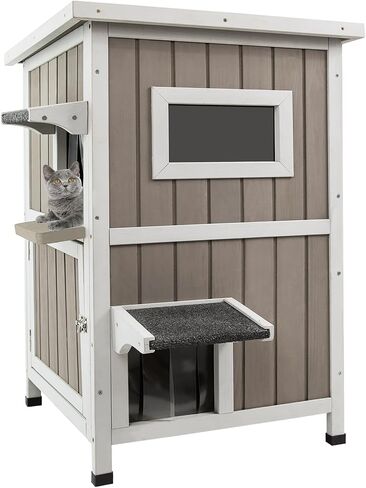 Cat House Outdoor Cat Shelter 2 Store Feral Cat Shelter مقاوم للعوامل الجوية للقطط الشتوية القطط القطط ، والقطط الخشبية مقاومة للماء مع أبواب الهروب-رمادي in Kuwait