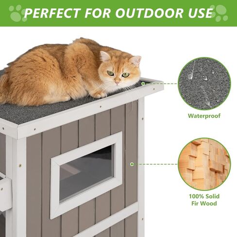 Cat House Outdoor Cat Shelter 2 Store Feral Cat Shelter مقاوم للعوامل الجوية للقطط الشتوية القطط القطط ، والقطط الخشبية مقاومة للماء مع أبواب الهروب-رمادي in Kuwait