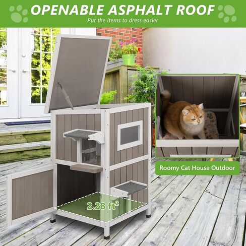 Cat House Outdoor Cat Shelter 2 Store Feral Cat Shelter مقاوم للعوامل الجوية للقطط الشتوية القطط القطط ، والقطط الخشبية مقاومة للماء مع أبواب الهروب-رمادي in Kuwait