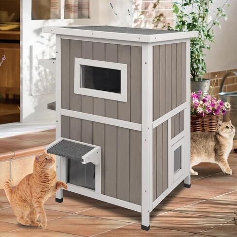 Cat House Outdoor Cat Shelter 2 Store Feral Cat Shelter مقاوم للعوامل الجوية للقطط الشتوية القطط القطط ، والقطط الخشبية مقاومة للماء مع أبواب الهروب-رمادي in Kuwait
