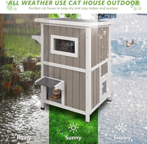 Cat House Outdoor Cat Shelter 2 Store Feral Cat Shelter مقاوم للعوامل الجوية للقطط الشتوية القطط القطط ، والقطط الخشبية مقاومة للماء مع أبواب الهروب-رمادي in Kuwait