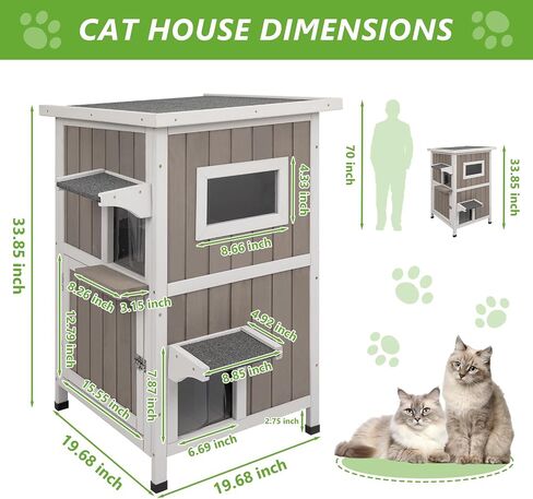 Cat House Outdoor Cat Shelter 2 Store Feral Cat Shelter مقاوم للعوامل الجوية للقطط الشتوية القطط القطط ، والقطط الخشبية مقاومة للماء مع أبواب الهروب-رمادي in Kuwait