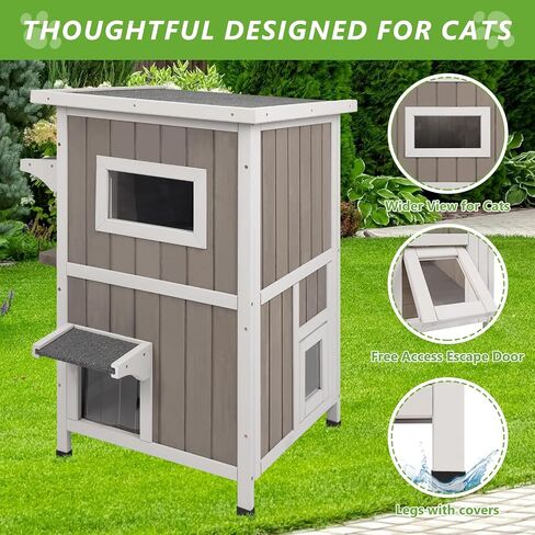Cat House Outdoor Cat Shelter 2 Store Feral Cat Shelter مقاوم للعوامل الجوية للقطط الشتوية القطط القطط ، والقطط الخشبية مقاومة للماء مع أبواب الهروب-رمادي in Kuwait