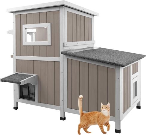 Cat House Outdoor Cat Shelter 2 Store Feral Cat Shelter مقاوم للعوامل الجوية للقطط الشتوية القطط القطط ، والقطط الخشبية مقاومة للماء مع أبواب الهروب-رمادي in Kuwait