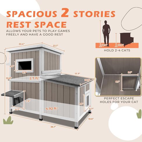 Cat House Outdoor Cat Shelter 2 Store Feral Cat Shelter مقاوم للعوامل الجوية للقطط الشتوية القطط القطط ، والقطط الخشبية مقاومة للماء مع أبواب الهروب-رمادي in Kuwait