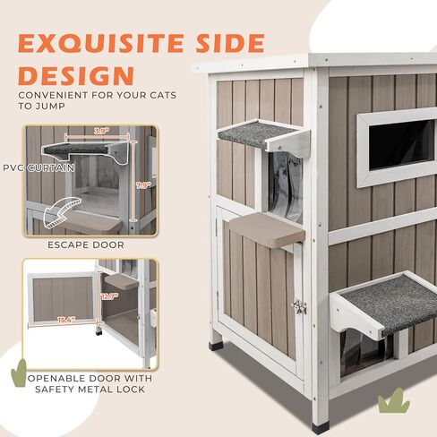 Cat House Outdoor Cat Shelter 2 Store Feral Cat Shelter مقاوم للعوامل الجوية للقطط الشتوية القطط القطط ، والقطط الخشبية مقاومة للماء مع أبواب الهروب-رمادي in Kuwait